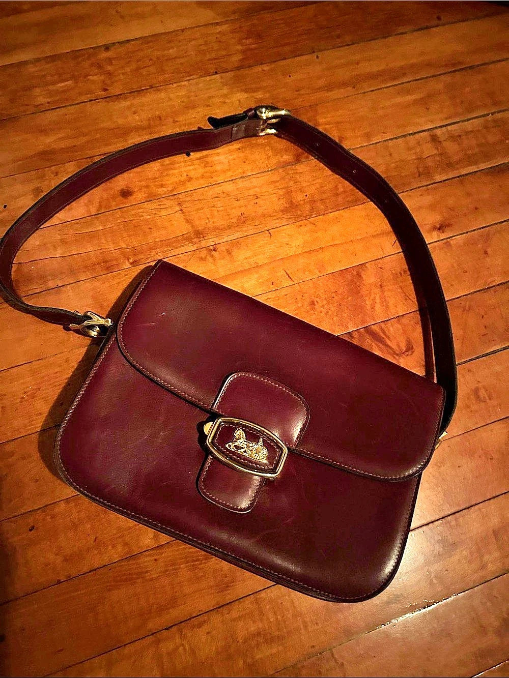 Celine Vintage Horse Carriage Leather Flap Shoulder Bag Burgundy